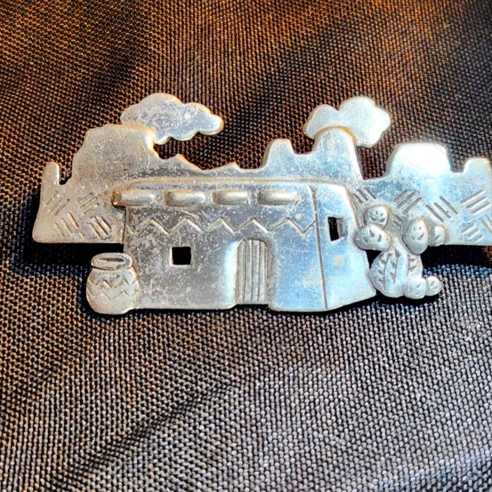 Vintage JJ 1988 Brooch Pin Pewter Southwestern Adobe House Cactus Desert Scene